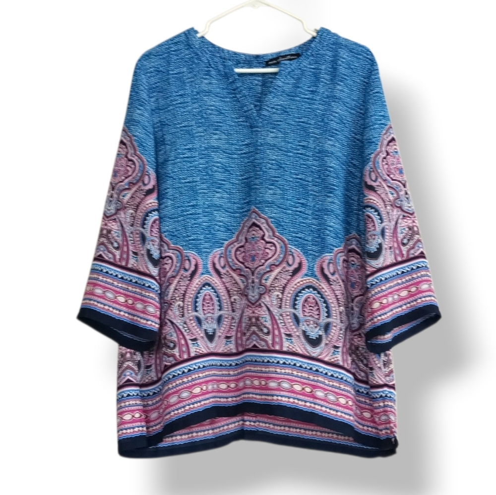 Ava Christine Blue Pink Paisley Tunic Shirt Button Down Back Flowy Colorful Boho
